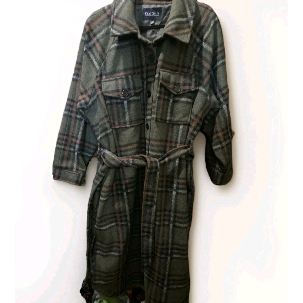 ELOQUII Long Plaid Belted Shacket Coat Green Brown Button Front Plus 18/20 - Picture 1 of 11